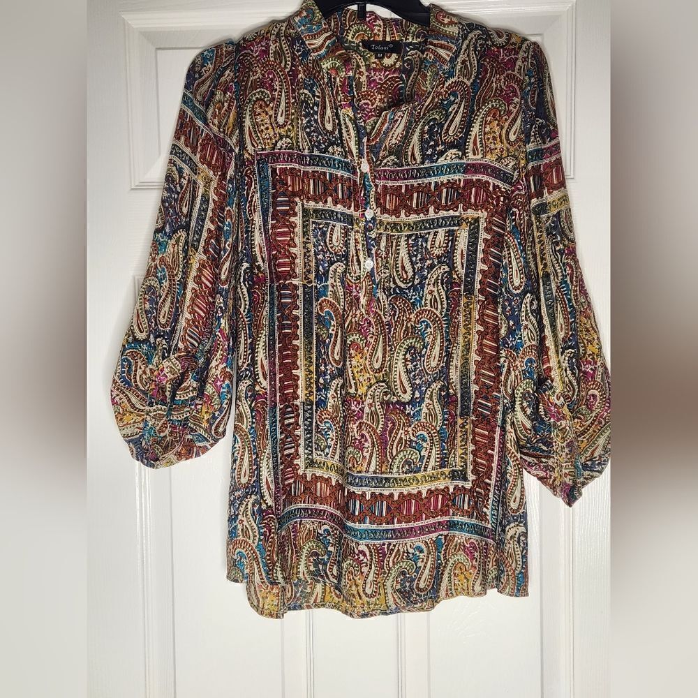 Tolani M Colorful 100% SILK Paisley Print V-neck Women’s Top Blouse